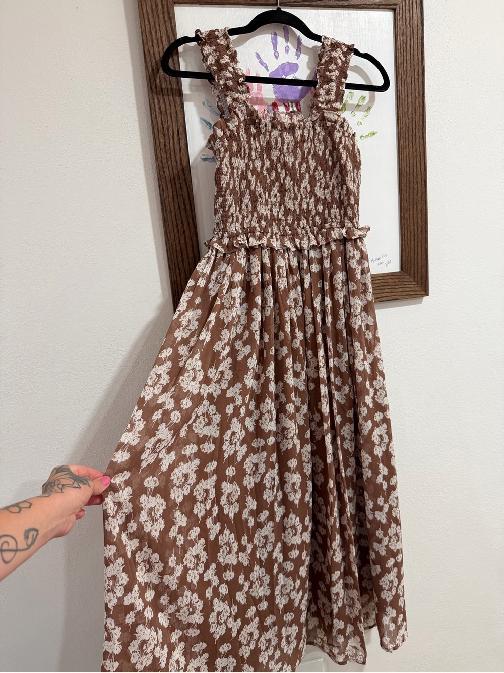 Brown Floral Smocked Maxi Dress - Casual Girls' Dress